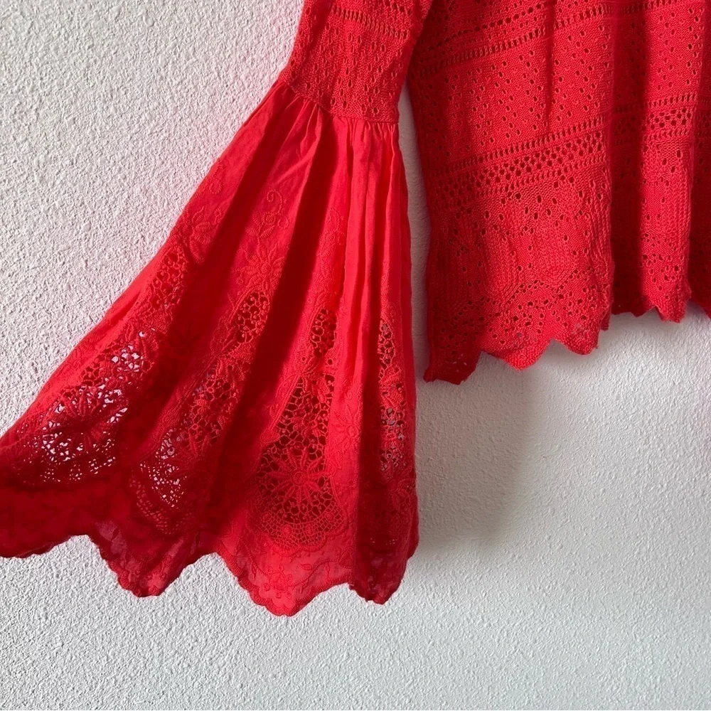 Free People Knit Crochet Eyelet Flare Sleeve Linen Blend Top Women Medium Orange